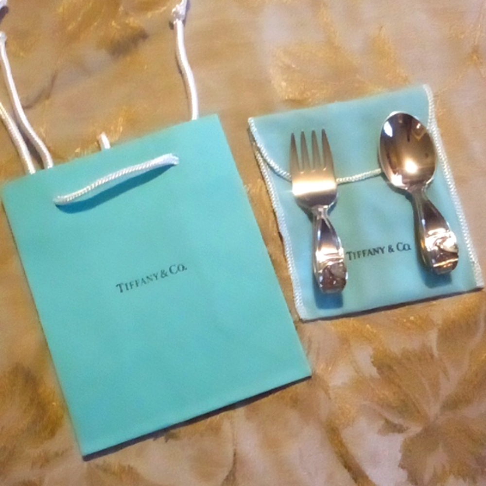 Tiffany Sterling baby spoon & Fork Mother Goose vtg with flannel pouch & bag